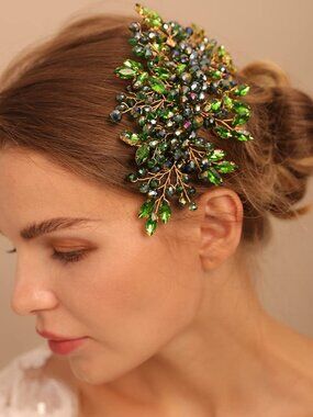 Green Crystal Rhinestone Hair Comb, Handmade Fashion Jewelry Hair Accessory for